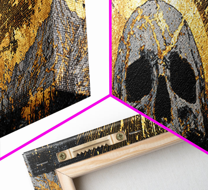 Nordic Mythology Canvas Gold Art, Ymir Skull Landscape Canvas Art with Natural Wood Frame, Viking Man Cave Wall Decor