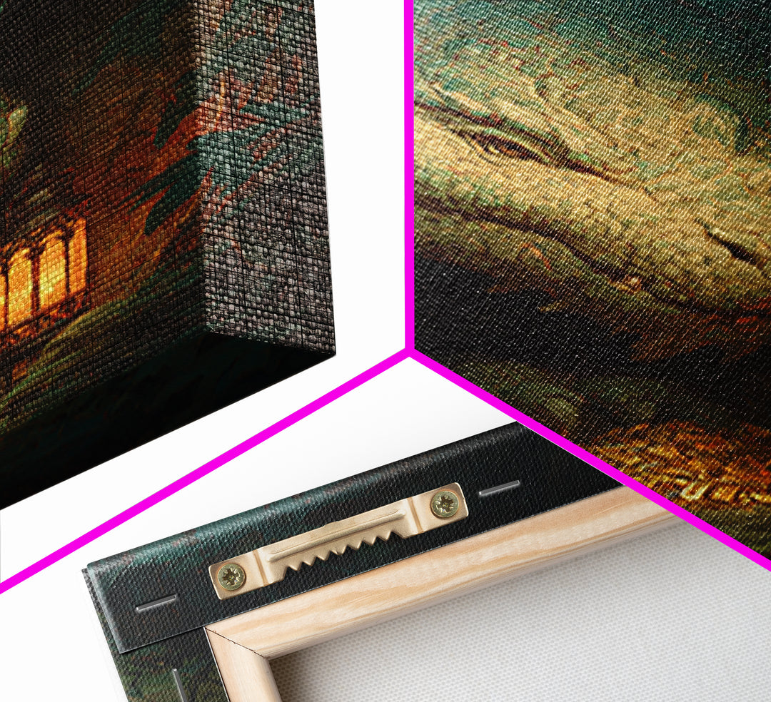 Dragon Guarding a Hoard of Ancient Gold Framed Canvas Print, Mythological Art, Gothic Home Decor, Living Room Decor, Legend, MYT-2x3-76