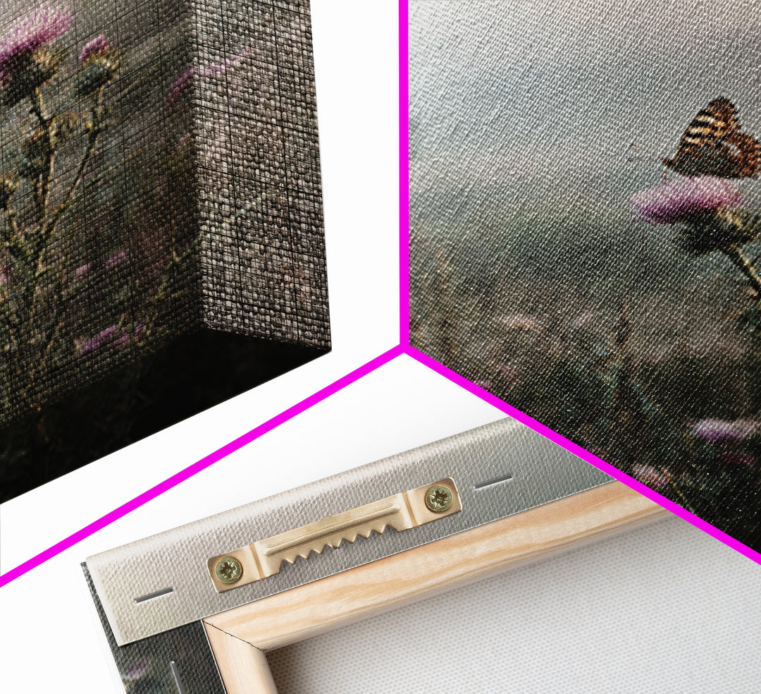 Butterfly Resting on a Blooming Thistle Framed Canvas Print, Nature Art, Mountain Art, Living Room Decor, Watercolor Art, NAT-1x1-100