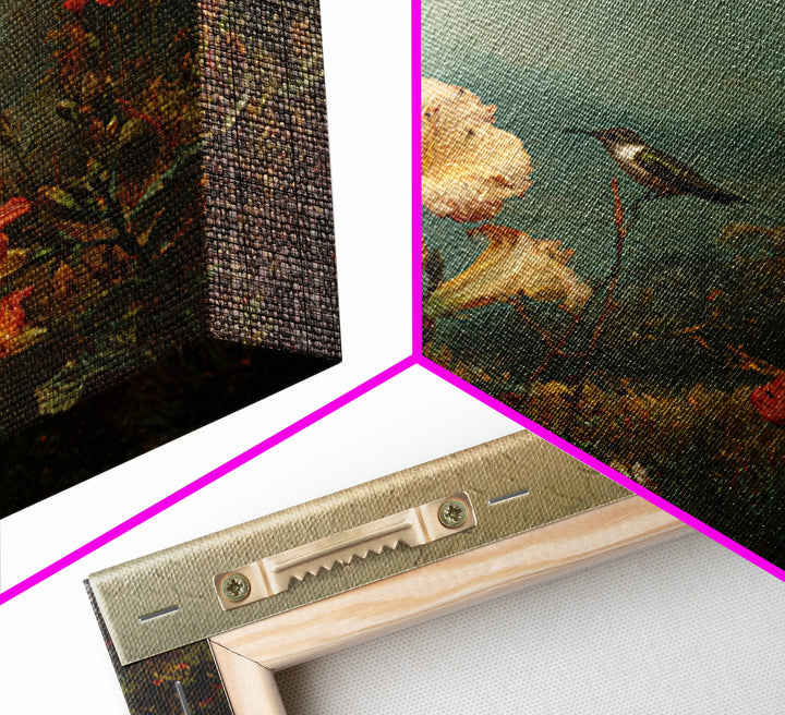 Hummingbird Beside Bright Trumpet Flowers Framed Canvas Print, Nature Art, Art, Living Room Decor, Oil Painting, Nature, NAT-1x1-12
