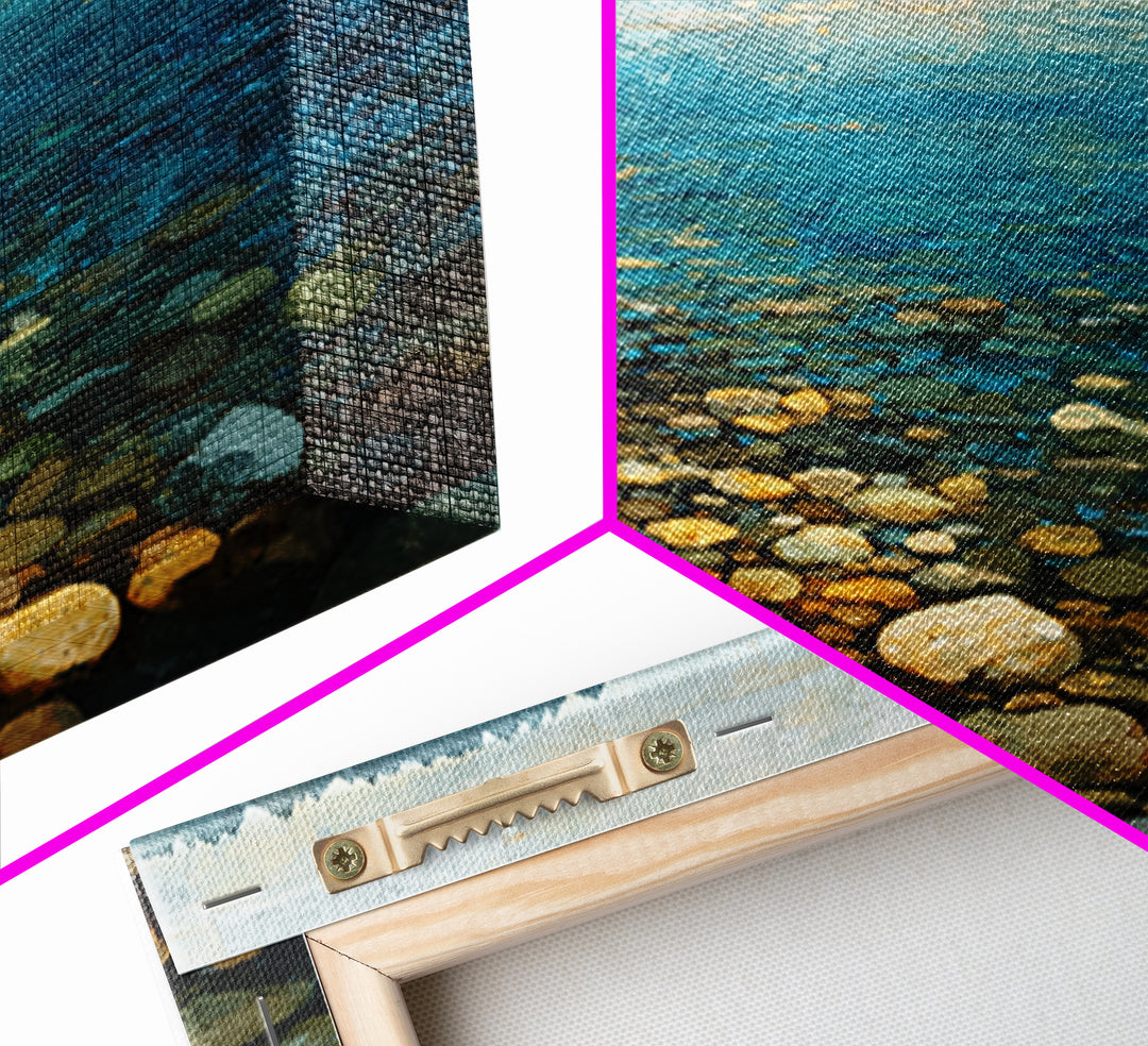 River Stones under Clear Shallow Water Framed Canvas Print, Nature Art, Mountain Art, Living Room Decor, Oil Painting, Nature, NAT-1x1-61