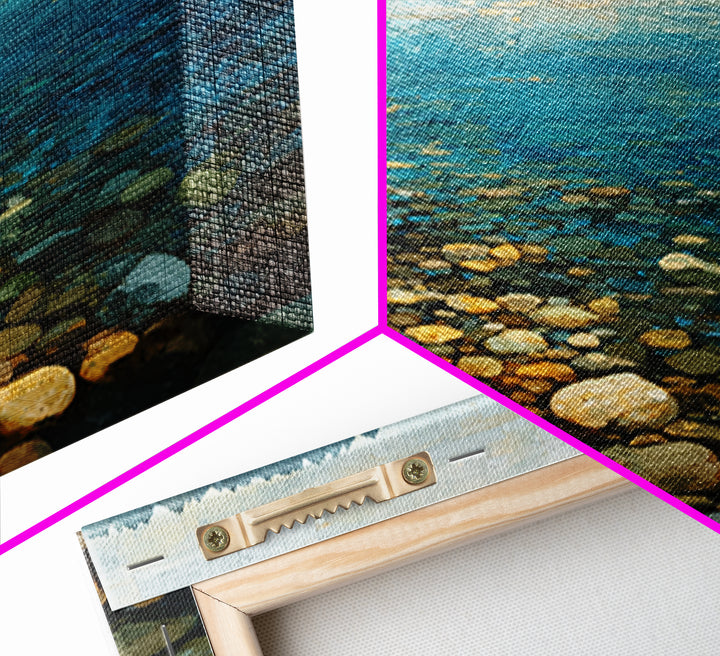 River Stones under Clear Shallow Water Framed Canvas Print, Nature Art, Mountain Art, Living Room Decor, Oil Painting, Nature, NAT-1x1-61