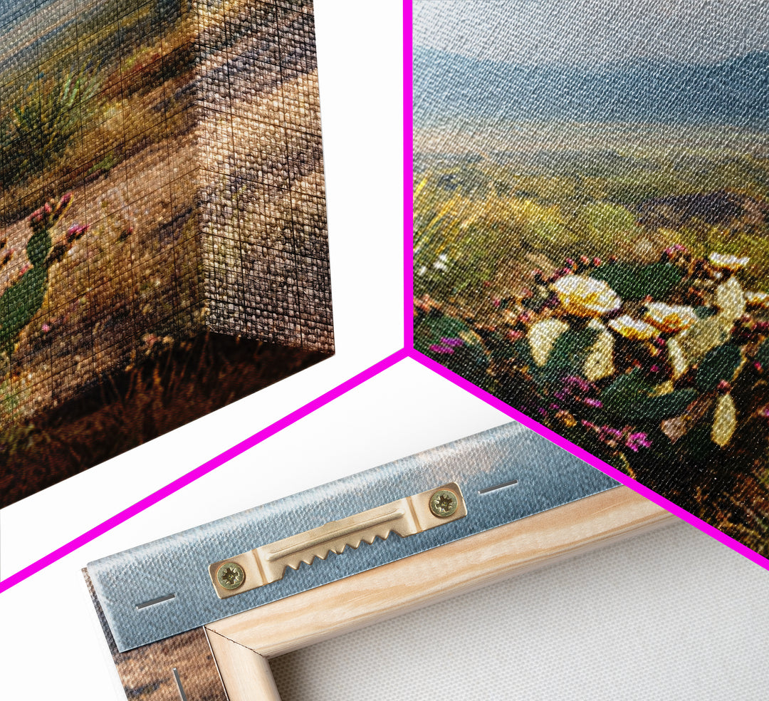 Desert Cactus Blooming After Rain Framed Canvas Print, Nature Art, Moss Art, Living Room Decor, Oil Painting, Nature, NAT-1x1-68