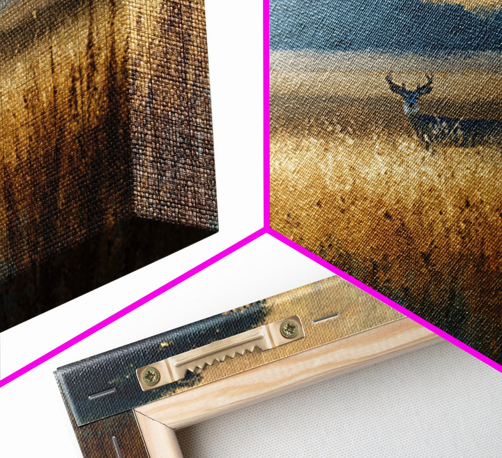 Deer Standing in a Golden Field Framed Canvas Print, Nature Art, Wall Hangings, Living Room Decor, Nature, Stained Glass Art, NAT-1x1-8