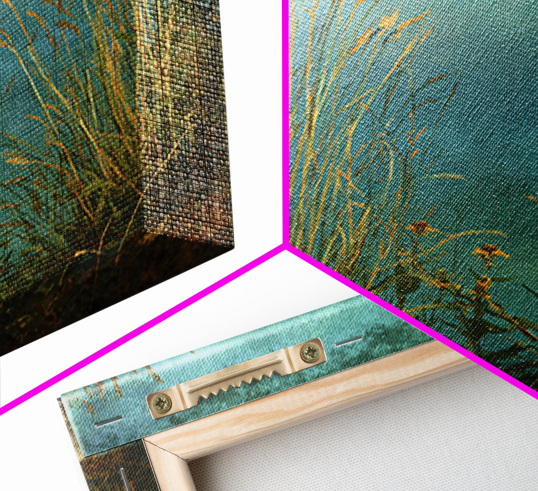 Sunrise Through Tall Grass and Wildflowers Framed Canvas Print, Nature Art, Statement Artwork, Living Room Decor, Oil Painting, NAT-1x1-83