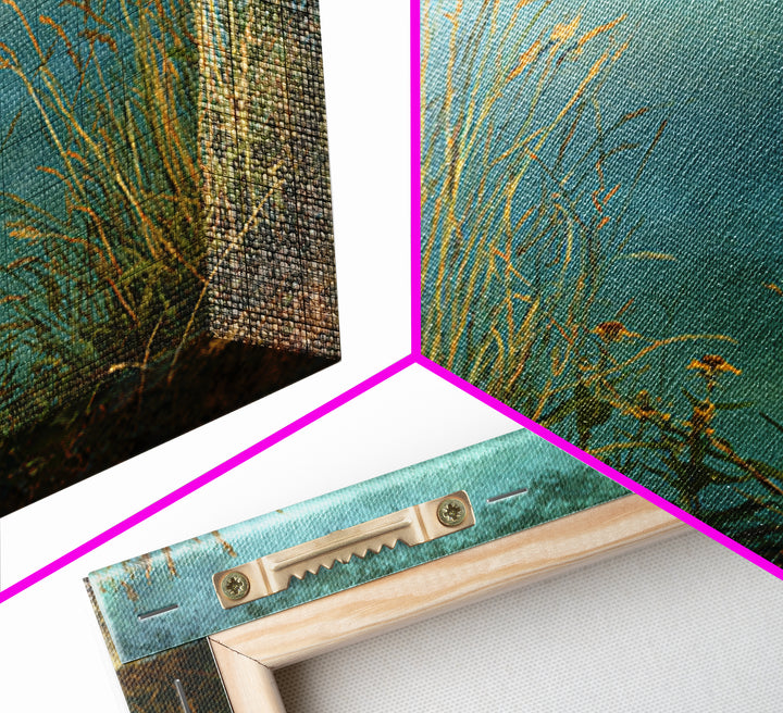 Sunrise Through Tall Grass and Wildflowers Framed Canvas Print, Nature Art, Statement Artwork, Living Room Decor, Oil Painting, NAT-1x1-83