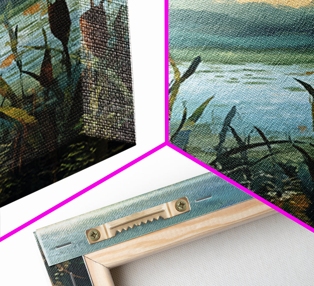 Dragonfly over a Pond with Reeds Framed Canvas Print, Nature Art, Botanical Art, Living Room Decor, Oil Painting, Nature, NAT-1x3-30