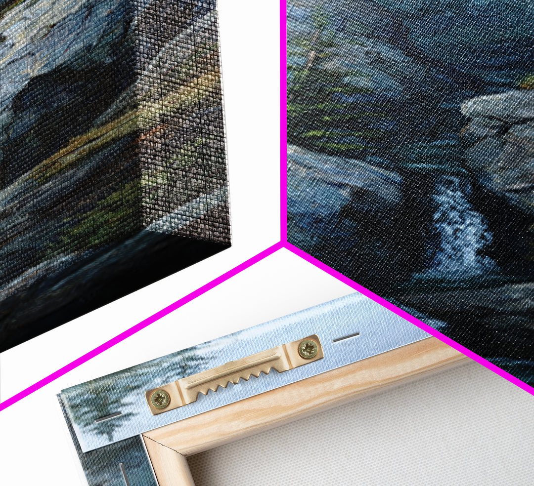 Waterfall Hidden Among Dark Green Rocks Framed Canvas Print, Nature Art, Botanical Art, Living Room Decor, Fine Art, Nature, NAT-1x3-87