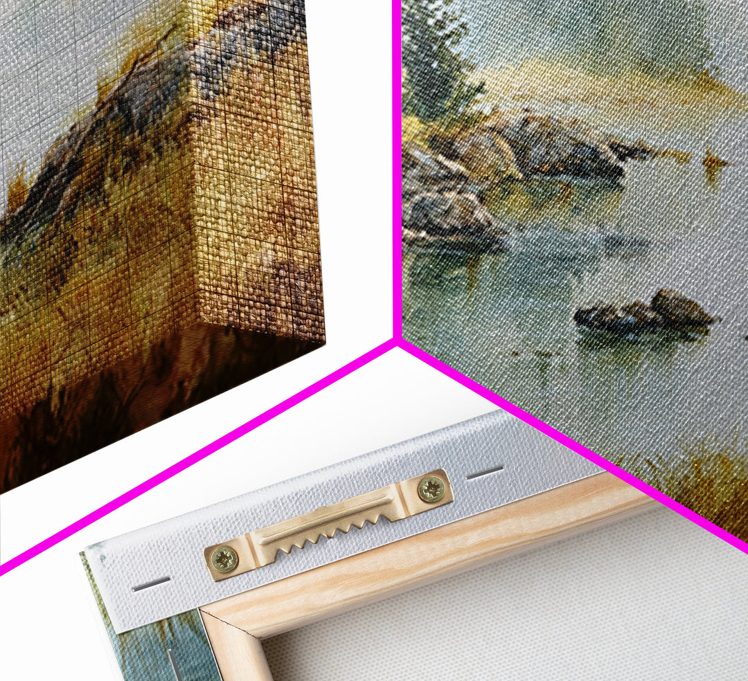 Misty Mountain Lake Framed Canvas Print, Nature Art, Home Decor, Living Room Decor, Oil Painting, Nature, Abstract Wall Art, NAT-2x1-1