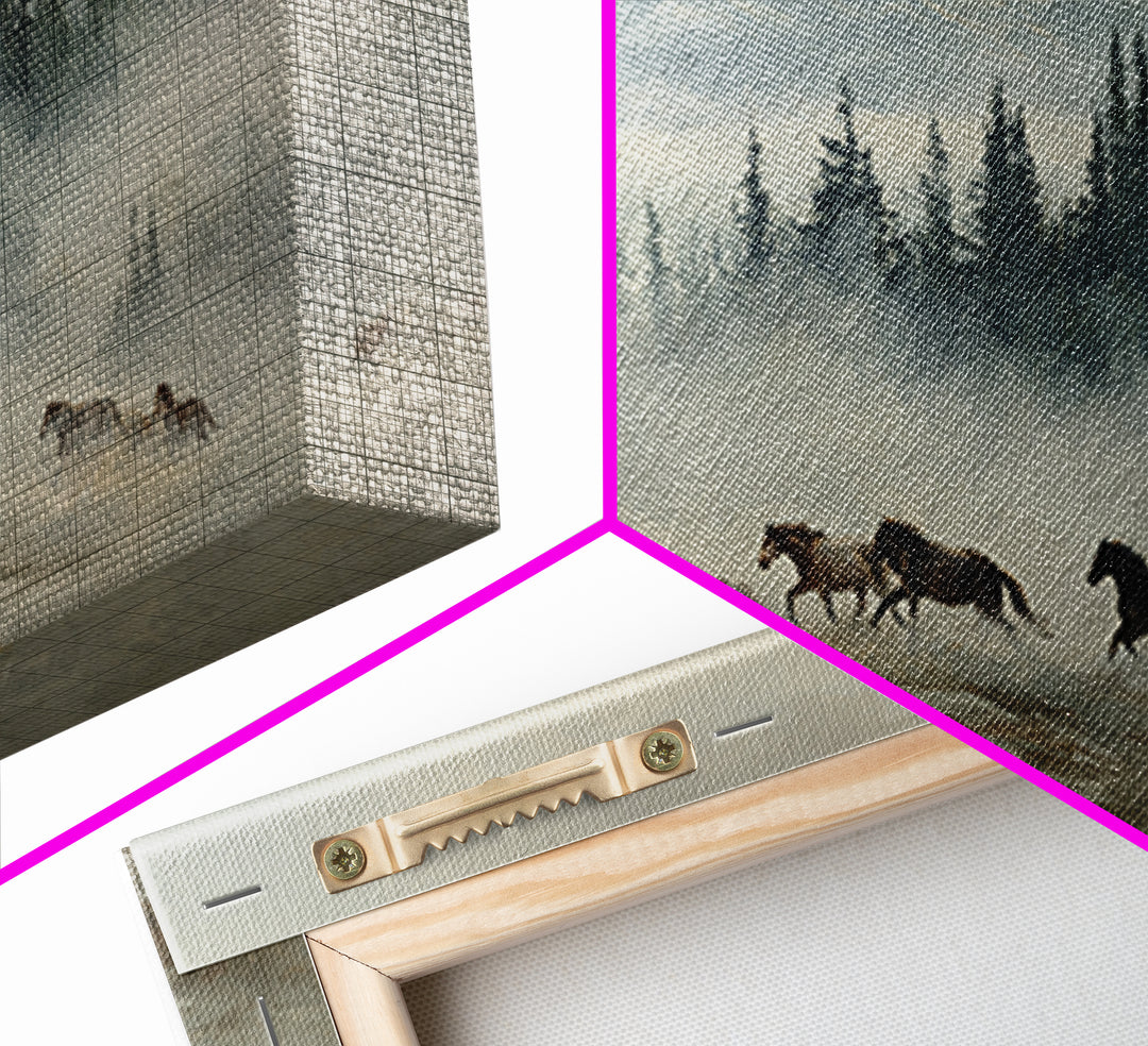 Wild Horses Running Near Mountain Ridge Framed Canvas Print, Nature Art, Statement Artwork, Living Room Decor, Fine Art, Nature, NAT-2x1-18