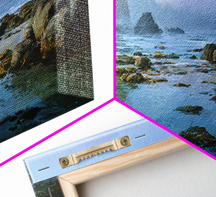 Calm Beach Tide Pooling Around Rocks Framed Canvas Print, Nature Art, Statement Artwork, Living Room Decor, Fine Art, Nature, NAT-2x1-20