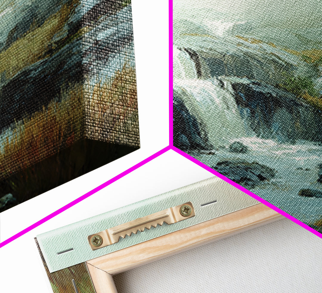 Waterfall Hidden Among Dark Green Rocks Framed Canvas Print, Nature Art, Mushroom, Living Room Decor, Watercolor Art, Nature, NAT-2x1-23