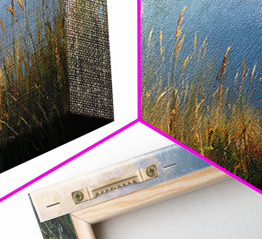 Sunrise Through Tall Grass and Wildflowers Framed Canvas Print, Nature Art, Living Room Decor, Fine Art, Nature, Ocean Art, NAT-2x1-55
