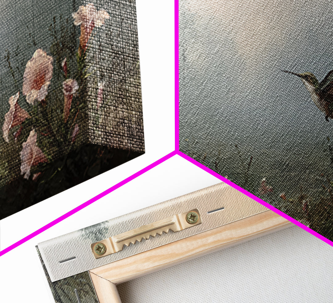 Hummingbird Beside Bright Trumpet Flowers Framed Canvas Print, Nature Art, Painting, Living Room Decor, Fine Art, Nature, NAT-2x1-56
