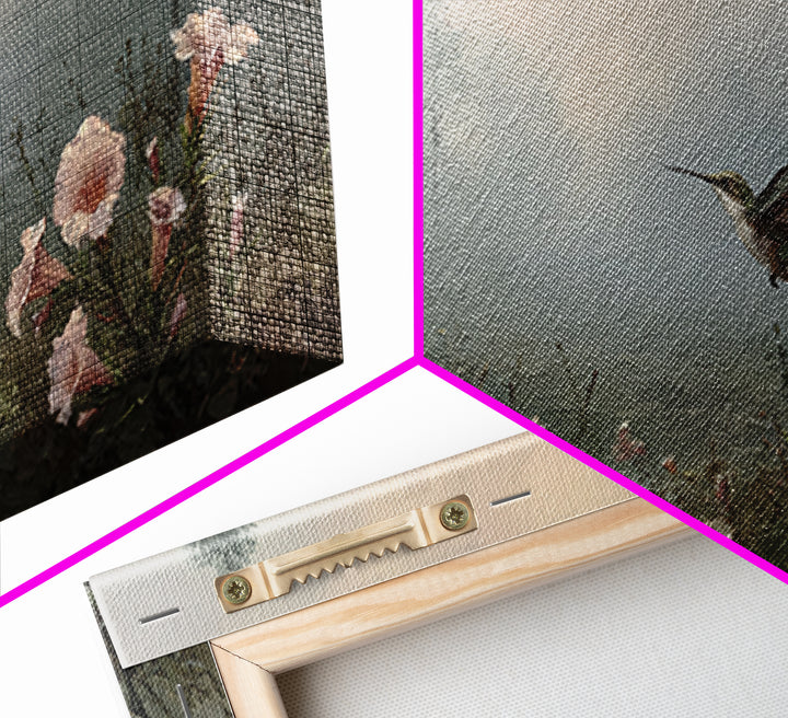 Hummingbird Beside Bright Trumpet Flowers Framed Canvas Print, Nature Art, Painting, Living Room Decor, Fine Art, Nature, NAT-2x1-56