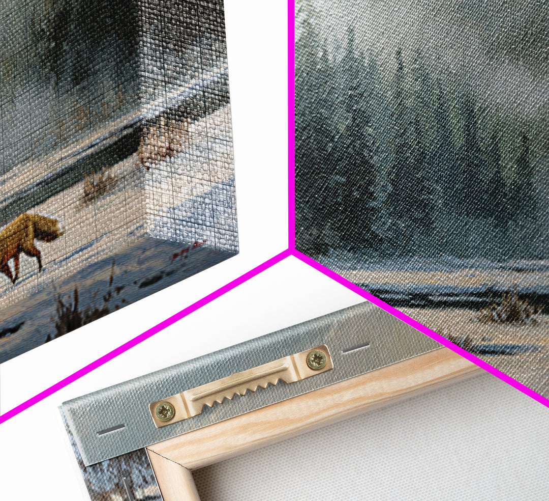 Fox Crossing a Snowy Forest Clearing Framed Canvas Print, Nature Art, Luxury Decor, Living Room Decor, Oil Painting, Nature, NAT-2x1-6