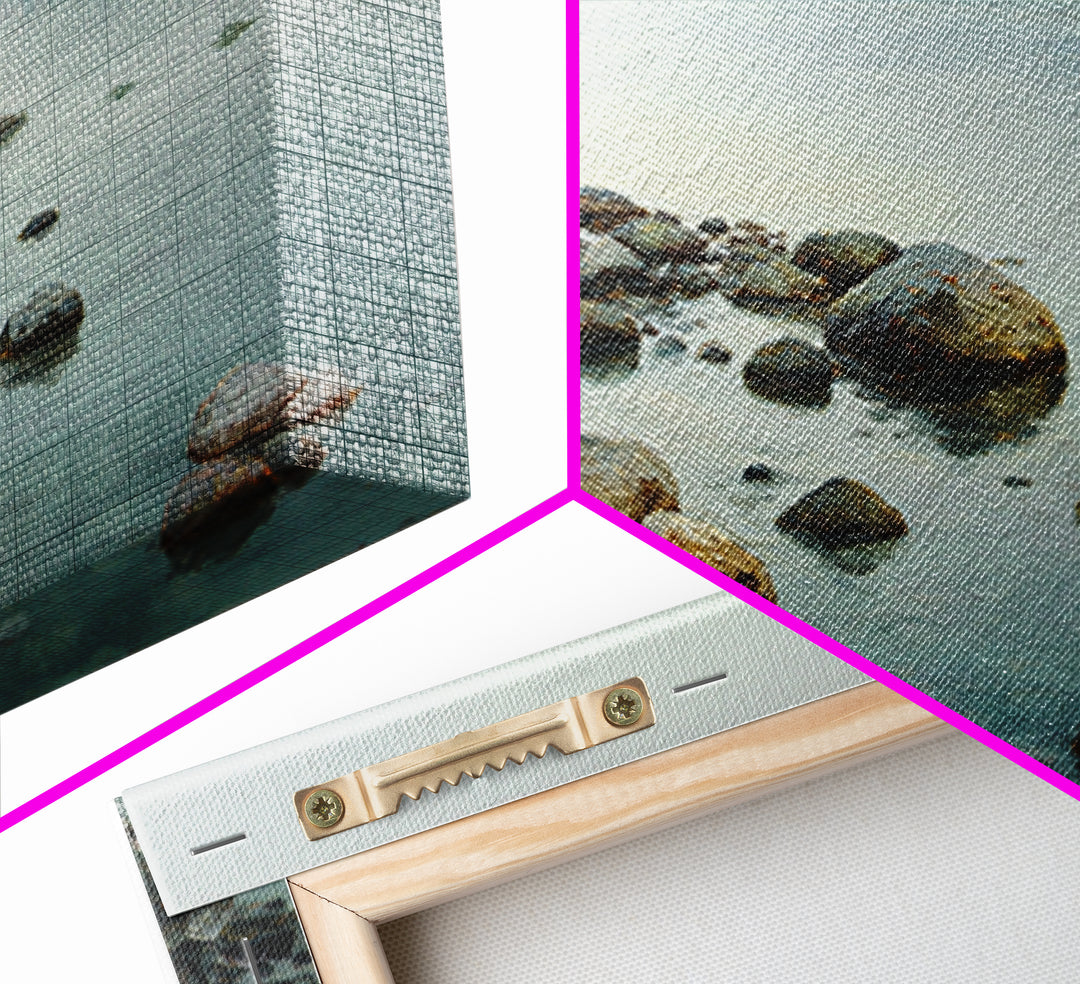 River Stones under Clear Shallow Water Framed Canvas Print, Nature Art, Living Room Decor, Watercolor Art, Nature, NAT-2x1-81