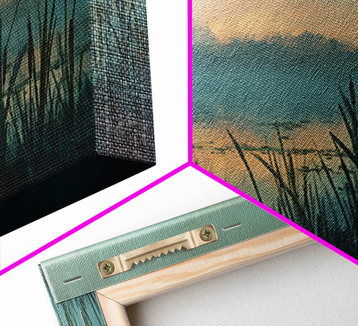 Dragonfly over a Pond with Reeds Framed Canvas Print, Nature Art, Home Decor, Living Room Decor, Nature, Abstract Wall Art, NAT-2x1-86