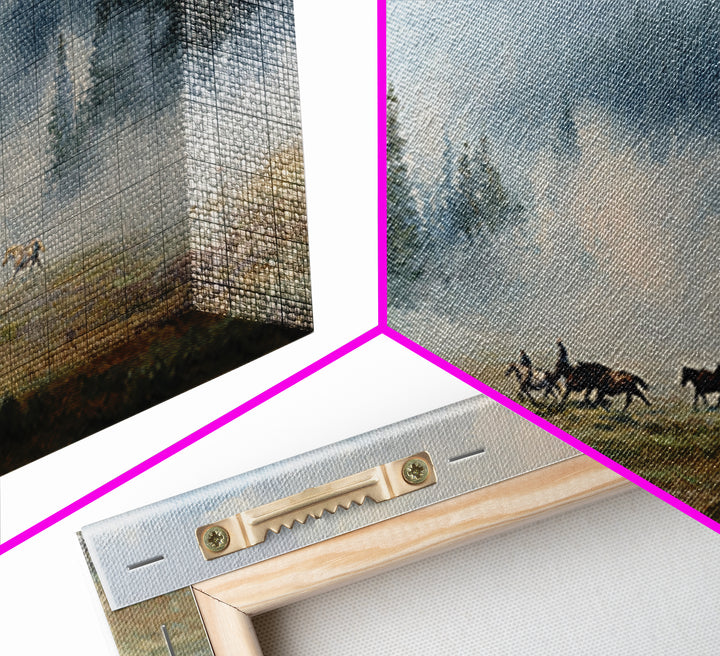Wild Horses Running Near Mountain Ridge Framed Canvas Print, Nature Art, Poster, Living Room Decor, Fine Art, Nature, NAT-2x1-90