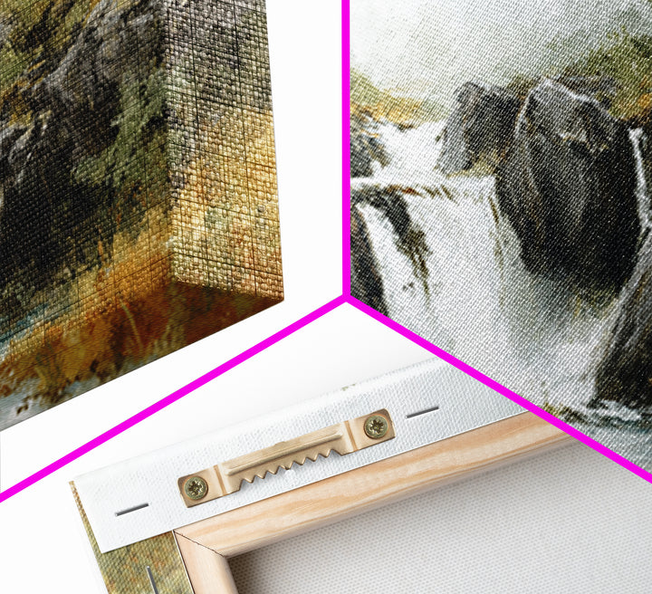 Waterfall Hidden Among Dark Green Rocks Framed Canvas Print, Nature Art, Landscape Print, Living Room Decor, Fine Art, Nature, NAT-2x1-95