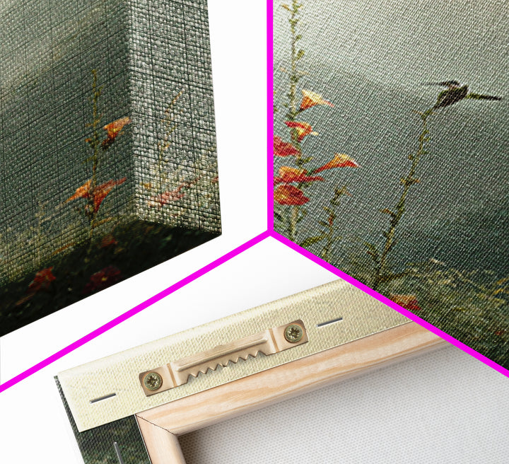 Hummingbird Beside Bright Trumpet Flowers Framed Canvas Print, Nature Art, Landscape Print, Living Room Decor, Watercolor Art, NAT-2x3-44