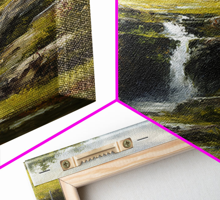 Waterfall Hidden Among Dark Green Rocks Framed Canvas Print, Nature Art, Abstract Wall Art, Living Room Decor, Abstract Art, NAT-2x3-83