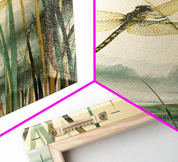 Dragonfly over a Pond with Reeds Framed Canvas Print, Nature Art, Art, Living Room Decor, Watercolor Art, Nature, 3d Wall Art, NAT-2x3-98