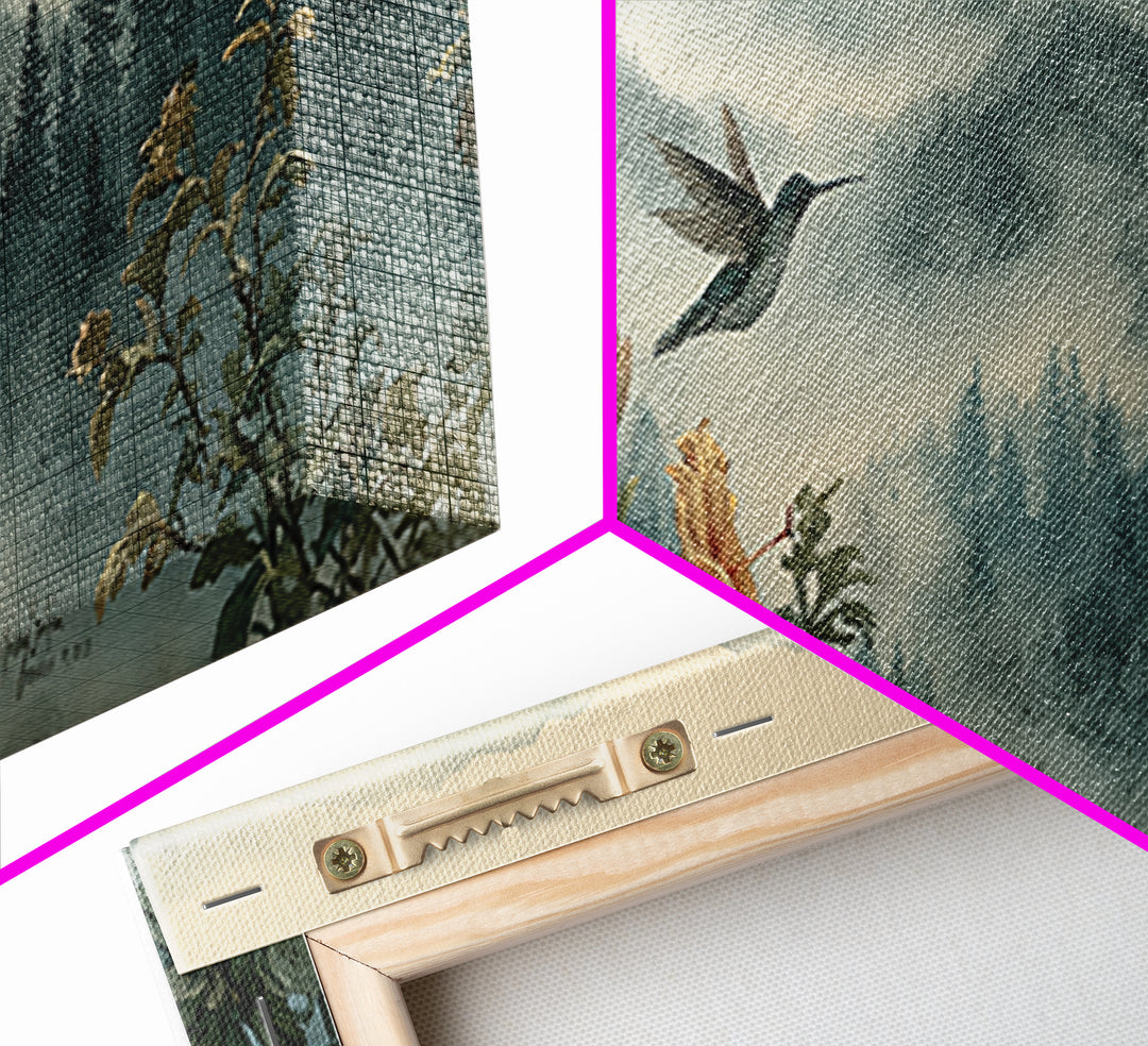 Hummingbird Beside Bright Trumpet Flowers Framed Canvas Print, Nature Art, Nature Wall Art, Living Room Decor, Watercolor Art, NAT-3x1-28