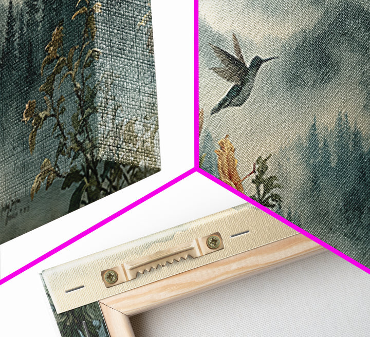 Hummingbird Beside Bright Trumpet Flowers Framed Canvas Print, Nature Art, Nature Wall Art, Living Room Decor, Watercolor Art, NAT-3x1-28