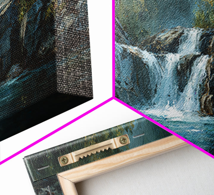 Waterfall Hidden Among Dark Green Rocks Canvas Print, Nature Art, Poster, Living Room Decor, Nature, Abstract Wall Art, NAT-3x1-43