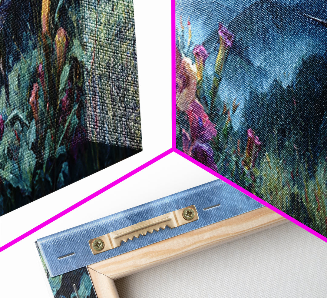 Hummingbird Beside Bright Trumpet Flowers Framed Canvas Print, Nature Art, Room Decor, Living Room Decor, Fine Art, Nature, NAT-3x1-52