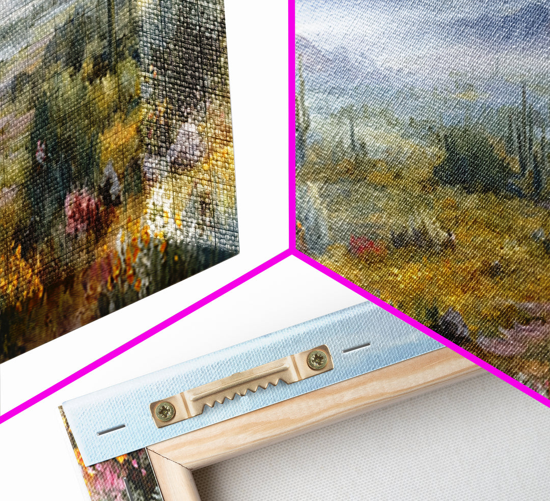 Desert Cactus Blooming After Rain Framed Canvas Print, Nature Art, Boho Decor, Living Room Decor, Oil Painting, Nature, NAT-3x1-60