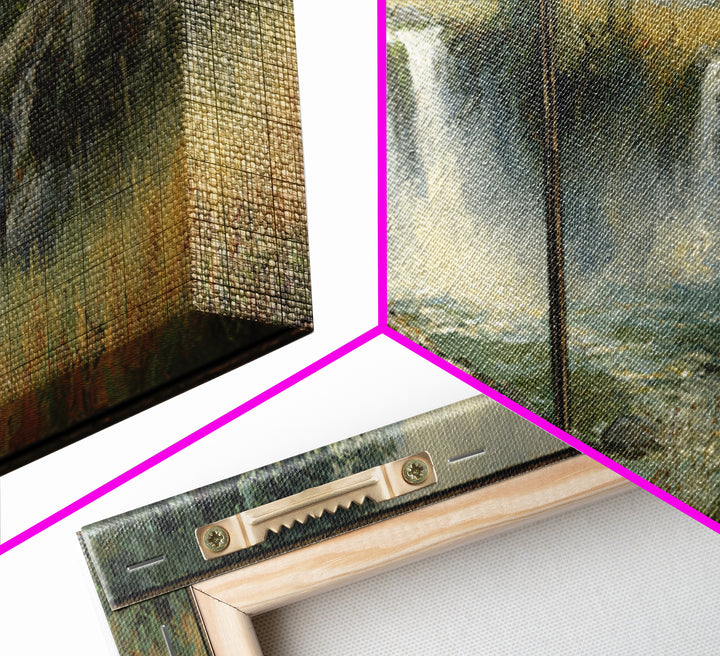 Waterfall Hidden Among Dark Green Rocks Framed Canvas Print, Nature Art, Wall Hangings, Living Room Decor, Abstract Art, Nature, NAT-3x1-67