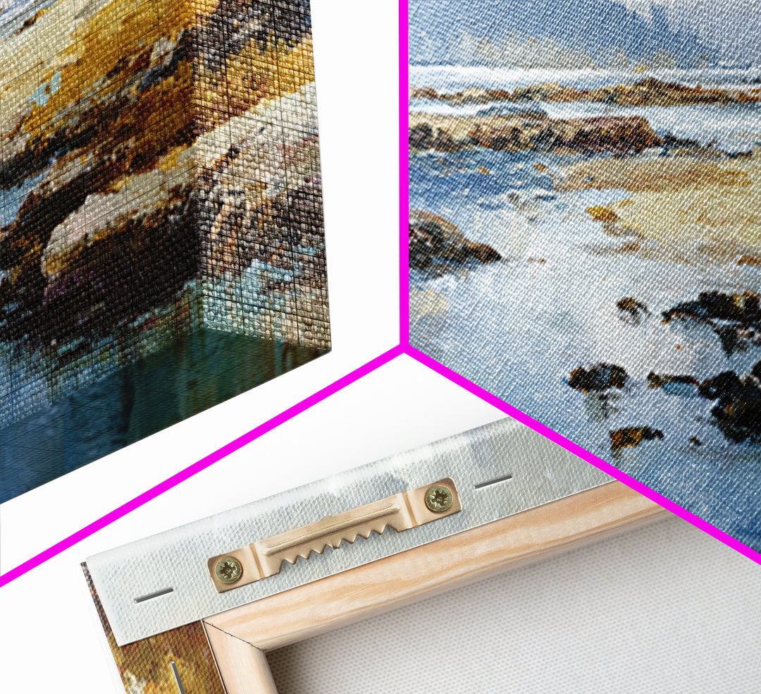 Calm Beach Tide Pooling Around Rocks Canvas Print, Nature Art, Minimalist Decor, Living Room Decor, Oil Painting, Nature, NAT-3x1-88
