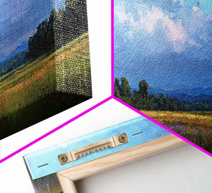 Wildflower Meadow under Soft Summer Sky Framed Canvas Print, Nature Art, Stained Glass Art, Living Room Decor, Fine Art, Nature, NAT-3x1-90