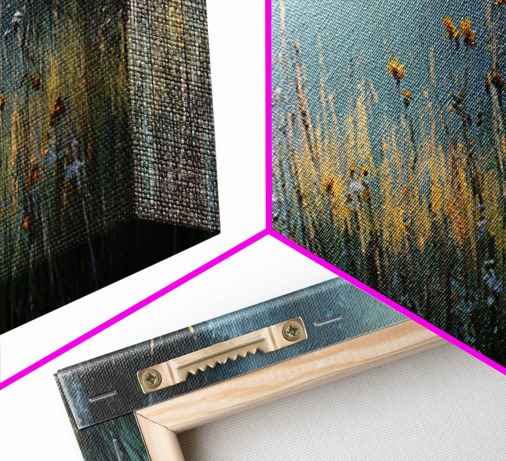 Sunrise Through Tall Grass and Wildflowers Framed Canvas Print, Nature Art, Living Room Decor, Oil Painting, Nature, NAT-3x1-99