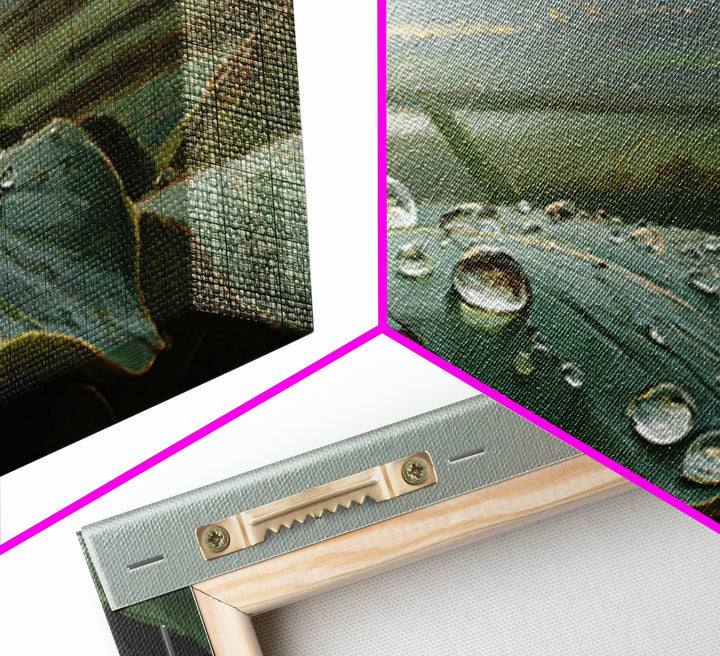 Rain Drops on a Large Green Leaf Framed Canvas Print, Nature Art, 3d Wall Art, Living Room Decor, Watercolor Art, Nature, NAT-3x2-13