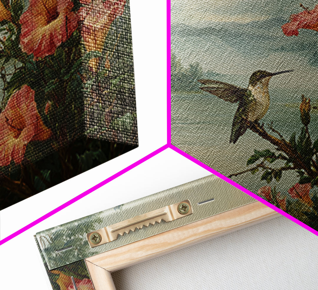Hummingbird Beside Bright Trumpet Flowers Canvas Print, Nature Art, Living Room Decor, Watercolor Art, Nature, Ocean Art, NAT-3x2-16