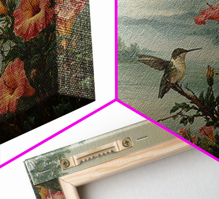 Hummingbird Beside Bright Trumpet Flowers Canvas Print, Nature Art, Living Room Decor, Watercolor Art, Nature, Ocean Art, NAT-3x2-16