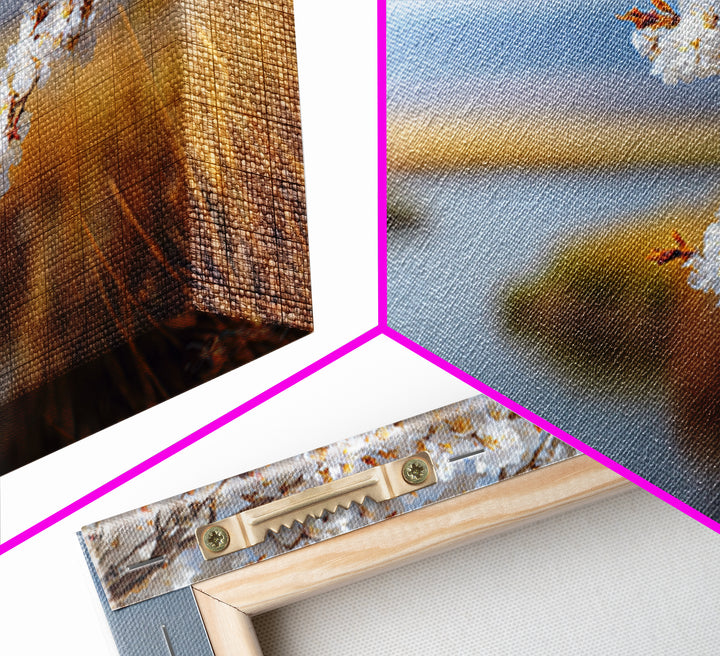 Spring Cherry Blossoms Framed Canvas Print, Nature Art, Abstract Wall Art, Living Room Decor, Fine Art, Nature, Bird Wall Art, NAT-3x2-20