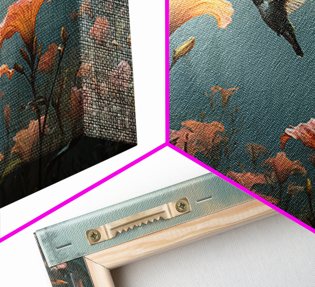Hummingbird Beside Bright Trumpet Flowers Canvas Print, Nature Art, Living Room Wall Art, Living Room Decor, Nature, NAT-3x2-40