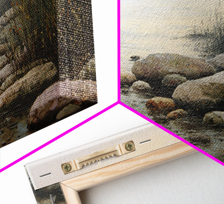 River Stones under Clear Shallow Water Framed Canvas Print, Nature Art, Moss Art, Living Room Decor, Watercolor Art, Nature, NAT-3x2-41