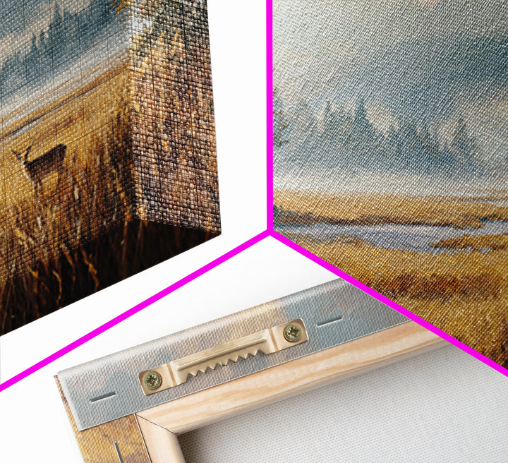 Deer Standing in a Golden Field Framed Canvas Print, Nature Art, Mountain Art, Living Room Decor, Nature, Minimalist Decor, NAT-3x2-60