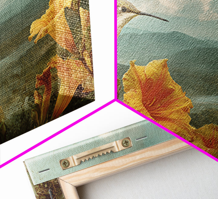 Hummingbird Beside Bright Trumpet Flowers Framed Canvas Print, Nature Art, Gallery Decor, Living Room Decor, Fine Art, Nature, NAT-3x2-64