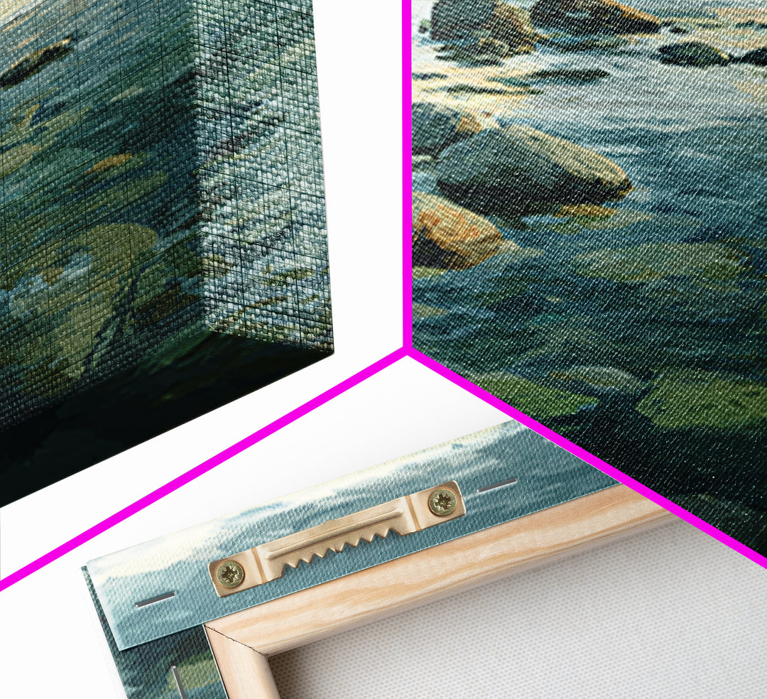 River Stones under Clear Shallow Water Framed Canvas Print, Nature Art, Moss Art, Living Room Decor, Watercolor Art, Nature, NAT-3x2-65