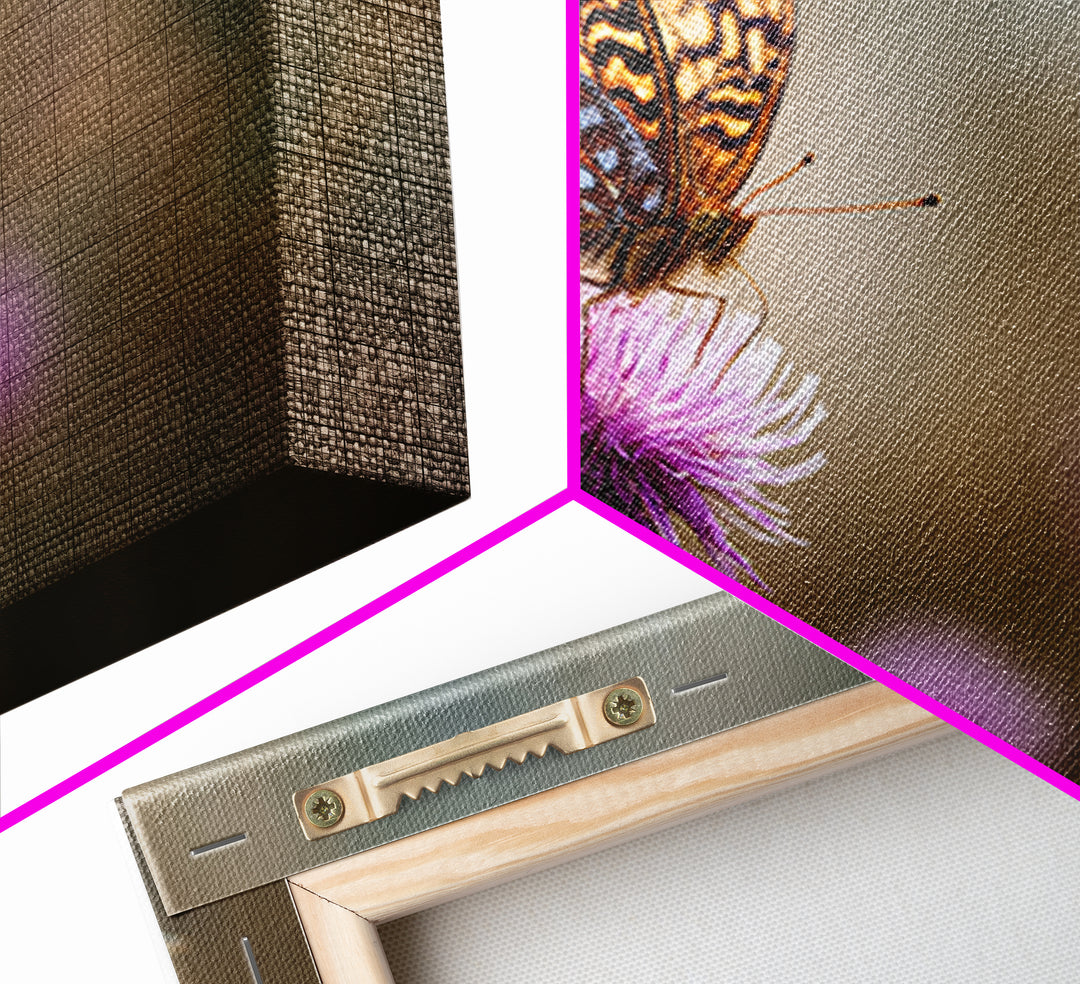 Butterfly Resting on a Blooming Thistle Framed Canvas Print, Nature Art, Framed Art, Living Room Decor, Oil Painting, Nature, NAT-3x2-8