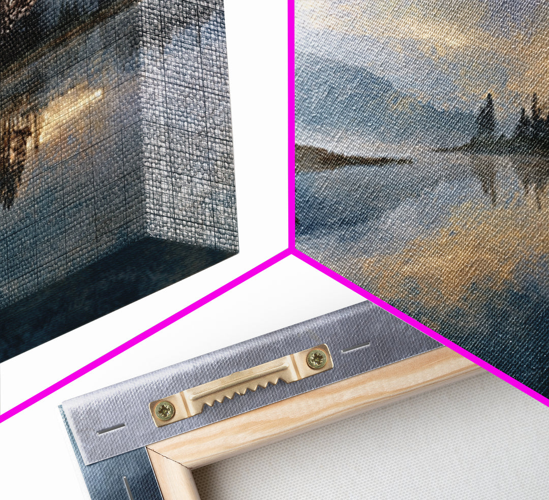 Misty Mountain Lake Framed Canvas Print, Nature Art, Abstract Wall Art, Living Room Decor, Oil Painting, Nature, Bird Wall Art, NAT-3x2-9