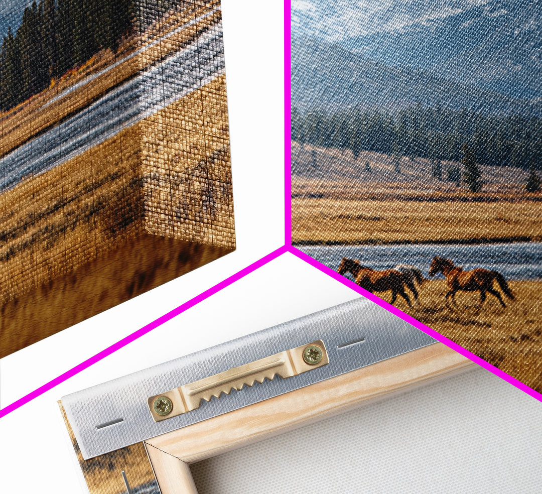 Wild Horses Running Near Mountain Ridge Canvas Print, Nature Art, Mountain Wall Art, Living Room Decor, Oil Painting, Nature, NAT-3x2-98