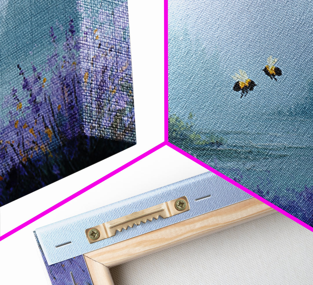 Bees Circling Lavender Blossoms Framed Canvas Print, Nature Art, Minimalist Decor, Living Room Decor, Fine Art, Nature, NAT-3x2-99