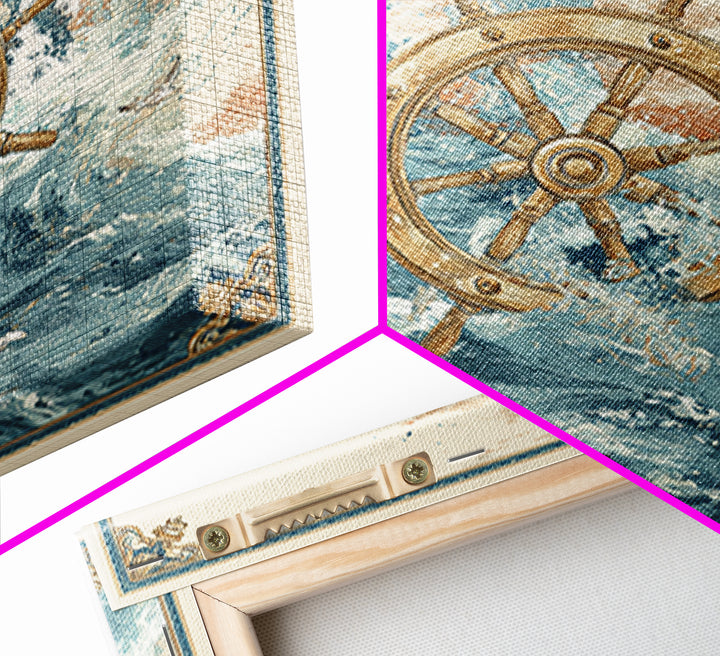 Ship Wheel with Sea Spray Background Framed Canvas Print, Nautical Art, Nautical, Coastal Decor, Fine Art, Harbor, Modern Decor, NAU-1x1-39